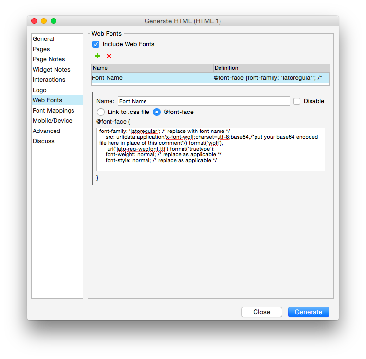 Axure web font settings showing above code in place